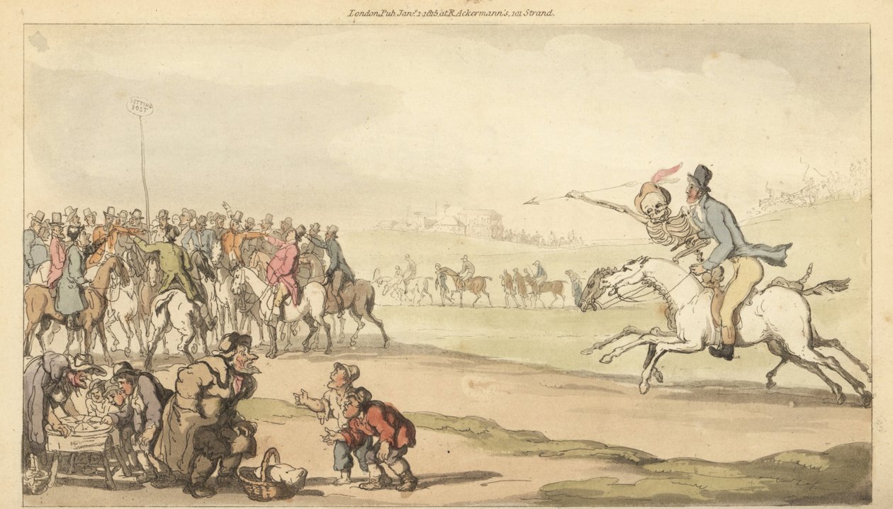 A Halál csontváza egy férfival lovagol a fogadási poszt felé egy versenypályán, miközben a gyerekek lottót játszanak. Thomas Rowlandson által rajzolt és vésett, kézzel színezett rézlemez az angol haláltáncból, Ackermann, London alkotó: Thomas Rowlandson