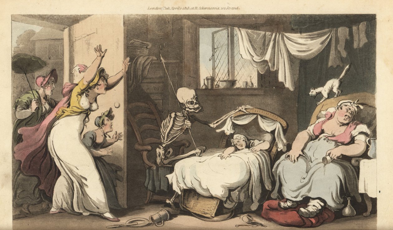 A Halál csontváza egy csecsemő bölcsőjét ringatja, miközben a dada alszik, és a kétségbeesett anya hazaér. Thomas Rowlandson által rajzolt és vésett, kézzel színezett rézlemez az angol haláltáncból, Ackermann, London alkotó: Thomas Rowlandson