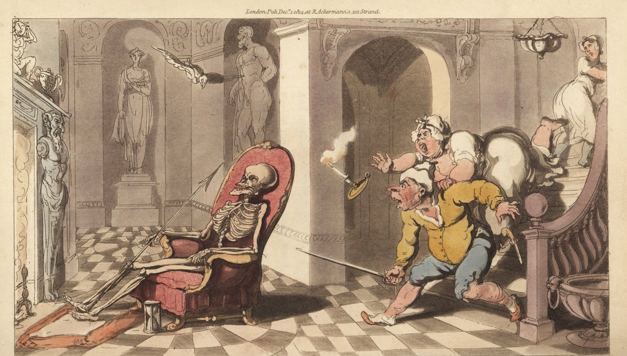 A Halál csontváza egy nagyszerű ház portásszékében ül, miközben a rémült szolgák lejönnek a lépcsőn nyomozni. Thomas Rowlandson által rajzolt és vésett, kézzel színezett rézlemez az angol haláltáncból, Ackermann, London alkotó: Thomas Rowlandson