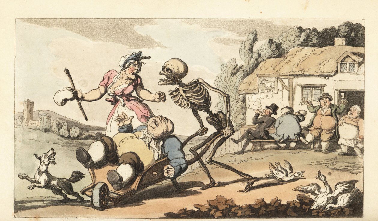 A Halál csontváza elviszi a részeg szót talicskán, míg a többi részeg a The Goat kocsma előtt mulat. Thomas Rowlandson által rajzolt és vésett, kézzel színezett rézlemez az angol haláltáncból, Ackermann, London alkotó: Thomas Rowlandson
