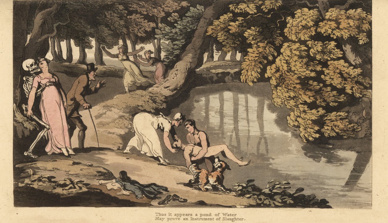 A Halál csontváza magával ragadja az anyát, amint szemtanúja lesz fia élettelen testének, amelyet egy tóból húznak ki. Thomas Rowlandson által rajzolt és vésett, kézzel színezett rézlemez az angol haláltáncból, Ackermann, London alkotó: Thomas Rowlandson