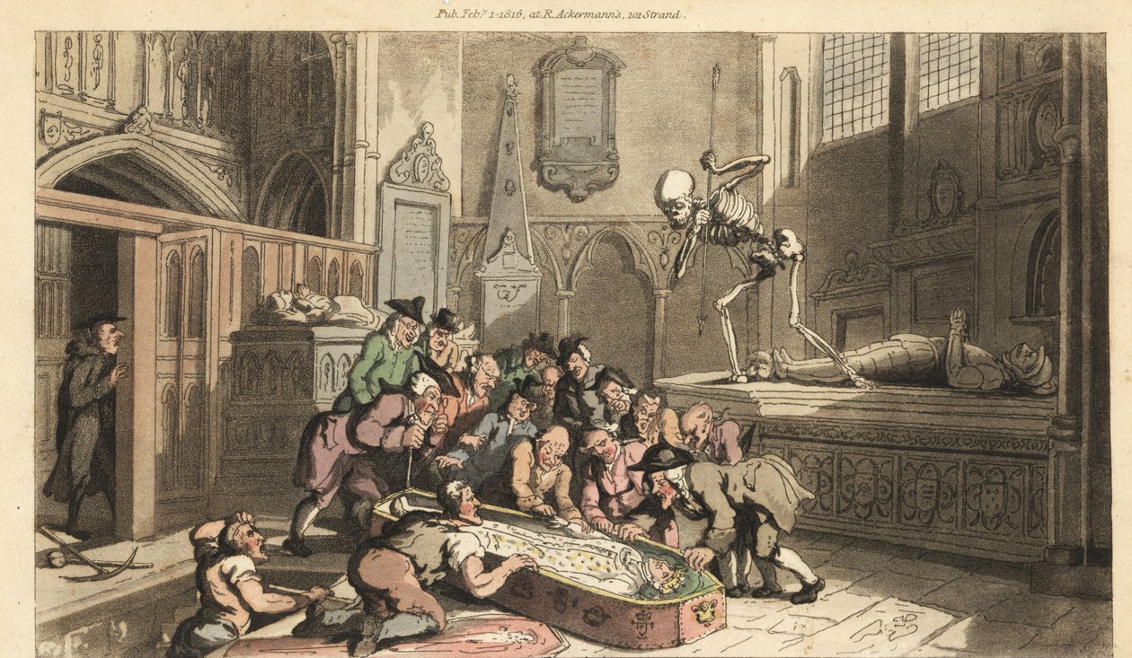 A Halál csontváza azt nézi, ahogy antikváriusok exhumálják a király holttestét egy templom kriptájából. Thomas Rowlandson által rajzolt és vésett, kézzel színezett rézlemez az angol haláltáncból, Ackermann, London alkotó: Thomas Rowlandson