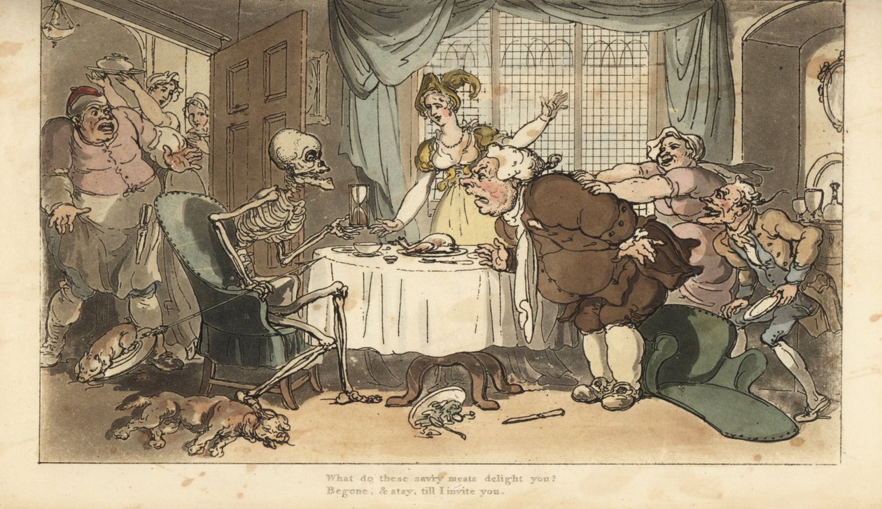 A Halál csontváza nyílvesszővel és homokórával jön a falánkért, amint vacsorázik. Thomas Rowlandson által rajzolt és vésett, kézzel színezett rézlemez az angol haláltáncból, Ackermann, London alkotó: Thomas Rowlandson