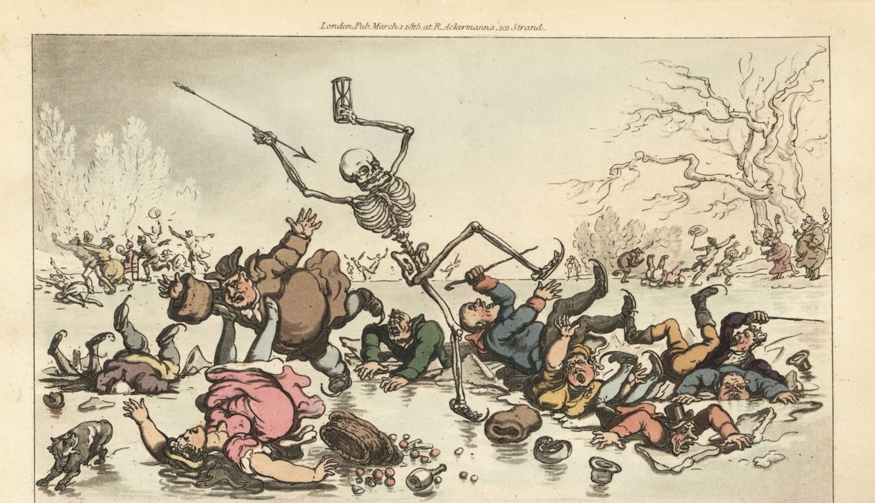 A Halál csontváza darttal és homokórával korcsolyázik egy befagyott tavon, miközben a többi korcsolyázó átesik a törött jégen. Thomas Rowlandson által rajzolt és vésett, kézzel színezett rézlemez az angol haláltáncból, Ackermann, London alkotó: Thomas Rowlandson