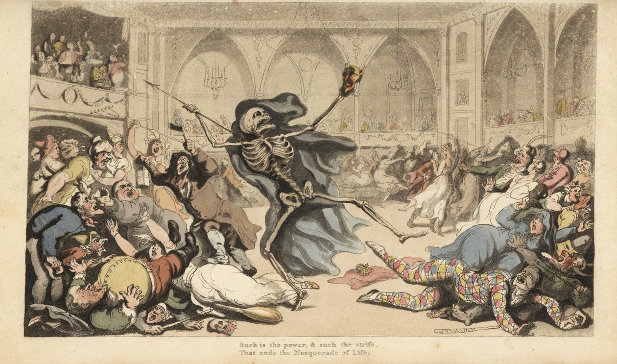 A Halál csontváza nyílvesszőjével lázadást okoz a harlekinek, zsokék, apácák, törökök és bolondok között egy álarcosbálon. Thomas Rowlandson által rajzolt és vésett, kézzel színezett rézlemez az angol haláltáncból, Ackermann, London alkotó: Thomas Rowlandson