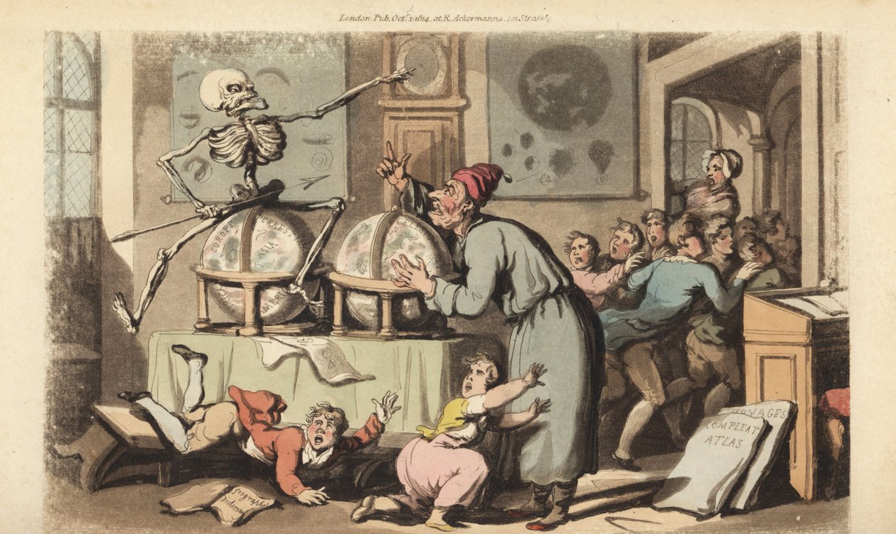 A Halál csontváza a nyílvesszőjével egy iskolamesterért érkezik, aki csillagászatot tanít a rémülten menekülő gyerekek osztályának. Thomas Rowlandson által rajzolt és vésett, kézzel színezett rézlemez az angol haláltáncból, Ackermann, London alkotó: Thomas Rowlandson