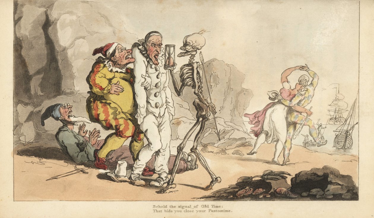 A Halál csontváza homokórával és nyílvesszővel egy Pierrot-hoz és más bohócokhoz érkezik, miközben egy harlekin egy nővel táncol a tengerparton. Thomas Rowlandson által rajzolt és vésett, kézzel színezett rézlemez az angol haláltáncból, Ackermann, London alkotó: Thomas Rowlandson