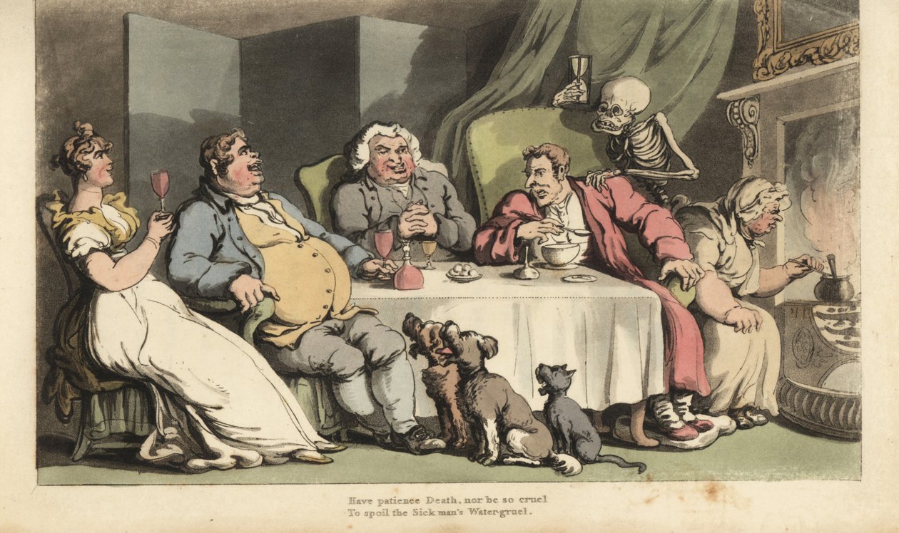 A Halál homokórás csontváza jön a beteg emberért, amint az étkezőasztalnál zabkásat eszik ivócimboráival a kandalló előtt. Thomas Rowlandson által rajzolt és vésett, kézzel színezett rézlemez az angol haláltáncból, Ackerman alkotó: Thomas Rowlandson