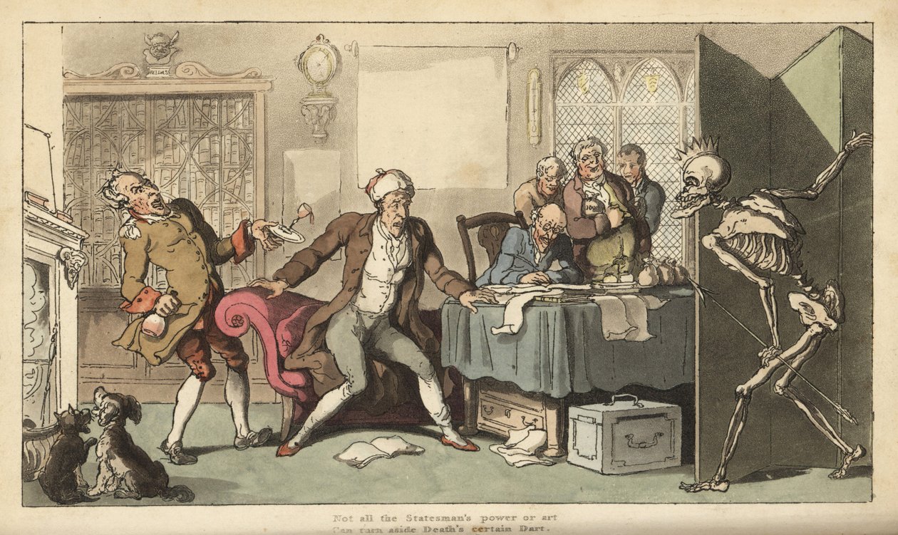 Az államférfit az irodájában meglepi a Halál csontváza a paraván mögül előbukkanó koronájával és nyílvesszőjével. Thomas Rowlandson által rajzolt és vésett, kézzel színezett rézlemez az angol haláltáncból, Ackermann, London alkotó: Thomas Rowlandson