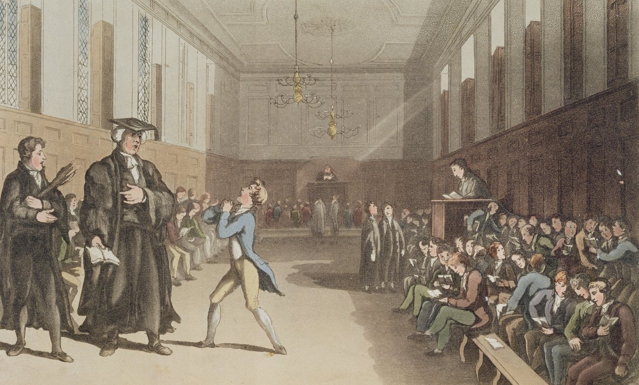 A szigorú preceptor fenyegető csapásával behívja a rúd bölcs kijavítását, A Compendiious Treatise on Modern Education, 1802-ből (kézzel színezett, maratott lemez) alkotó: Thomas Rowlandson