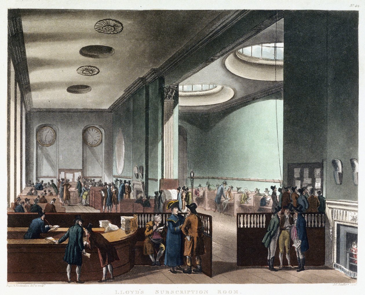 A londoni Lloyd of London biztosítótársaság biztosítási szobája, amely Edward Lloyd (meghalt 1713-ban) kávéházában kezdte meg a kereskedelmet a 17. században, az angliai Londonban, a Tower Street-en. alkotó: Thomas Rowlandson