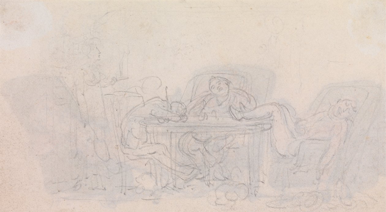 Három sportoló alszik az asztalnál a székükben alkotó: Thomas Rowlandson