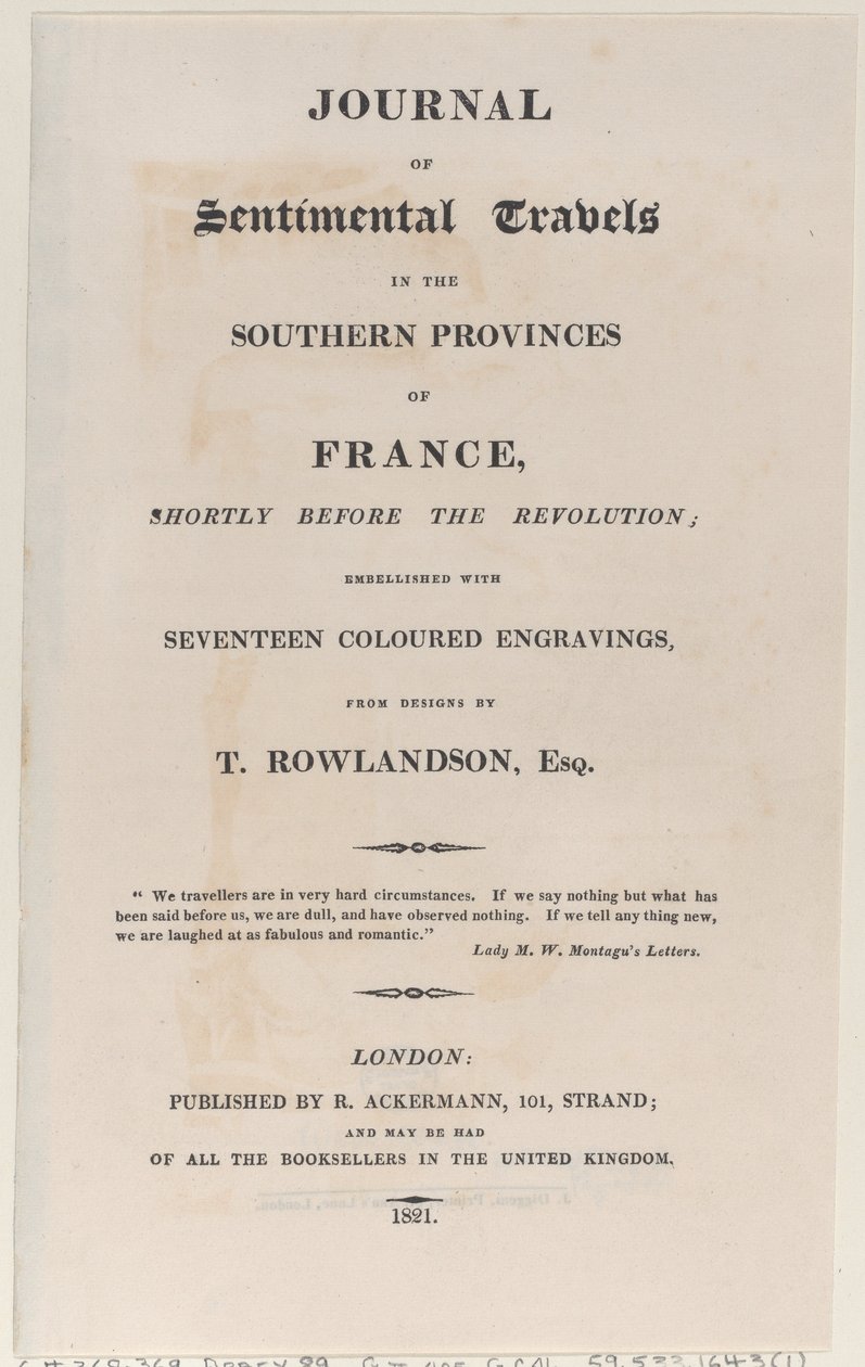 Címlap, a Journal of Sentimental Travels in the Southern Provinces of France, Shor..., 1821-ből. alkotó: Thomas Rowlandson