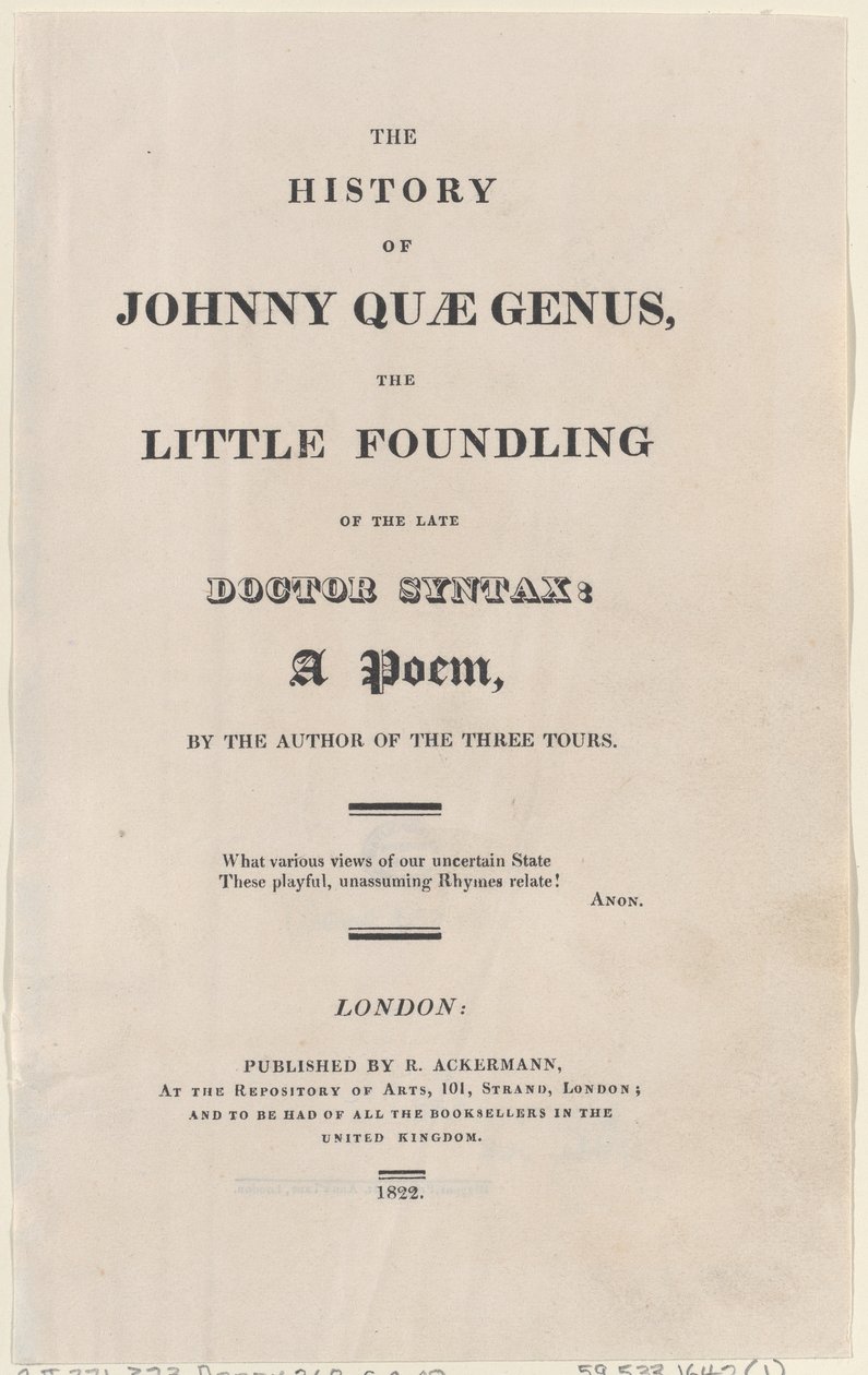 Címlap, The History of Johnny Quae Genus, The Little Foundling of the Late Docto..., 1822-ből. alkotó: Thomas Rowlandson