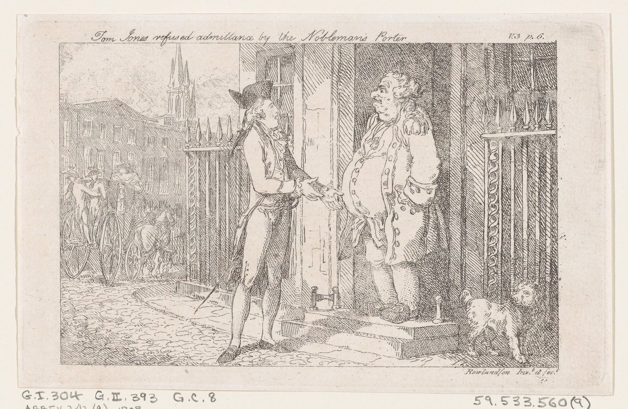 Tom Jones megtagadta a beutazást a nemes porterétől, a The History of Tom Jones, a F..., 1792-ből. alkotó: Thomas Rowlandson