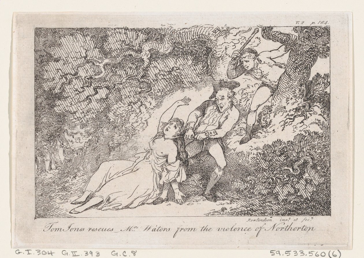Tom Jones megmenti Mrs. Waterst a Northerton-i erőszaktól, A Tom Jon története..., 1792-ből. alkotó: Thomas Rowlandson
