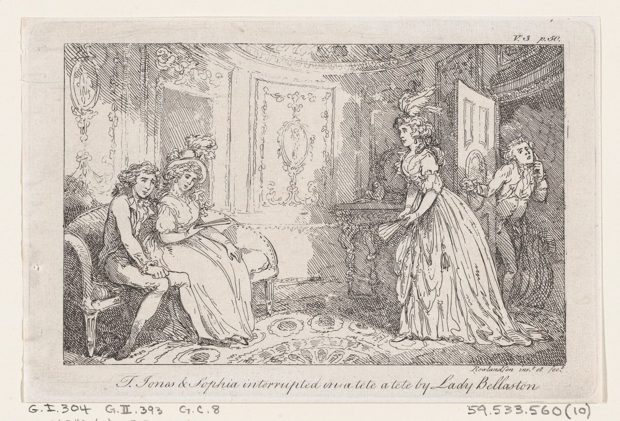 Tom Jones és Sophia megszakította Lady Bellaston tete a tete-jét, a The History of To...-ból, 1792-ből. alkotó: Thomas Rowlandson