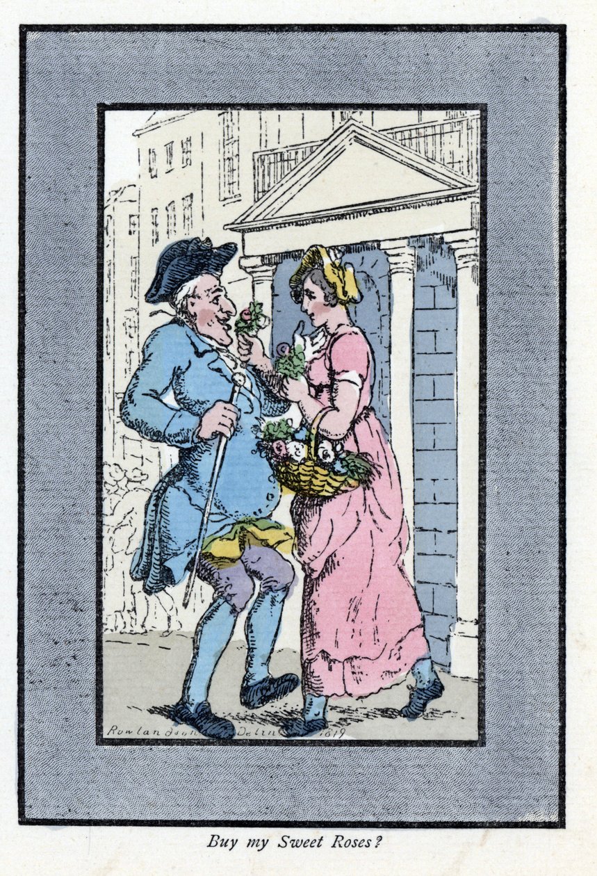 Utazó virágárus, mosolygó úriemberhez közeledik egy kis csokor rózsával (1819). A londoni válságban megjelent Thomas Rowlandson (1756-1827) festménye alapján készült fametszet: hat bájos gyerekkel és közel 40 illusztrációval, b. alkotó: Thomas Rowlandson
