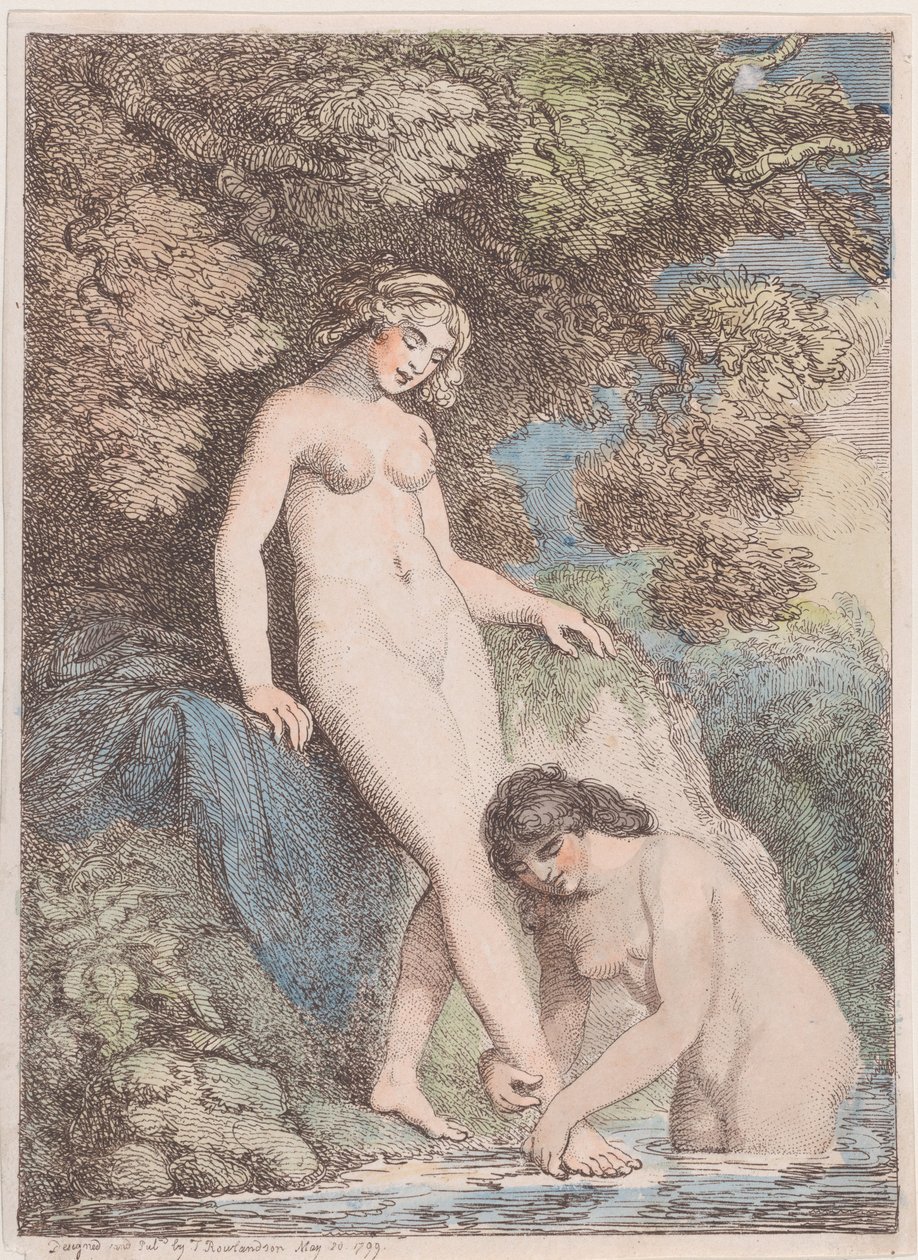 Két nimfa fürdik, az egyik mossa a másik lábát, 1799. május 20., 1799. május 20. alkotó: Thomas Rowlandson