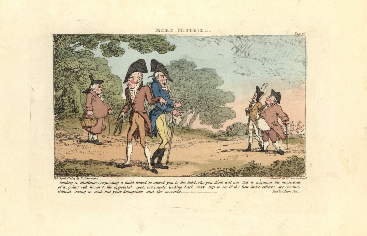 Két régensi úr, akik pisztolyokkal készülnek párbajra. alkotó: Thomas Rowlandson