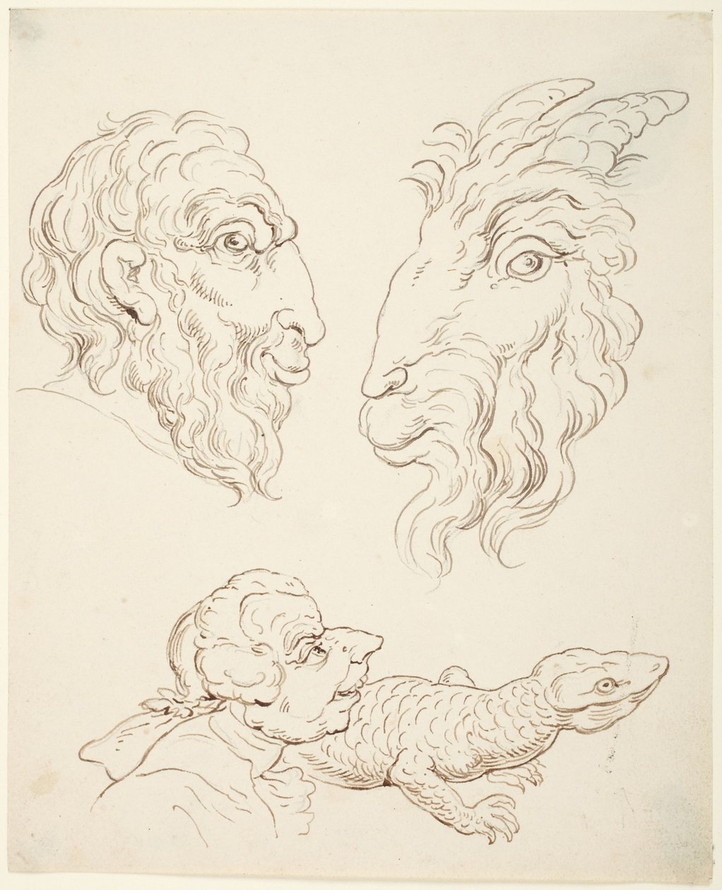 Két karikatúra: ember és kecske, ember és gyík alkotó: Thomas Rowlandson
