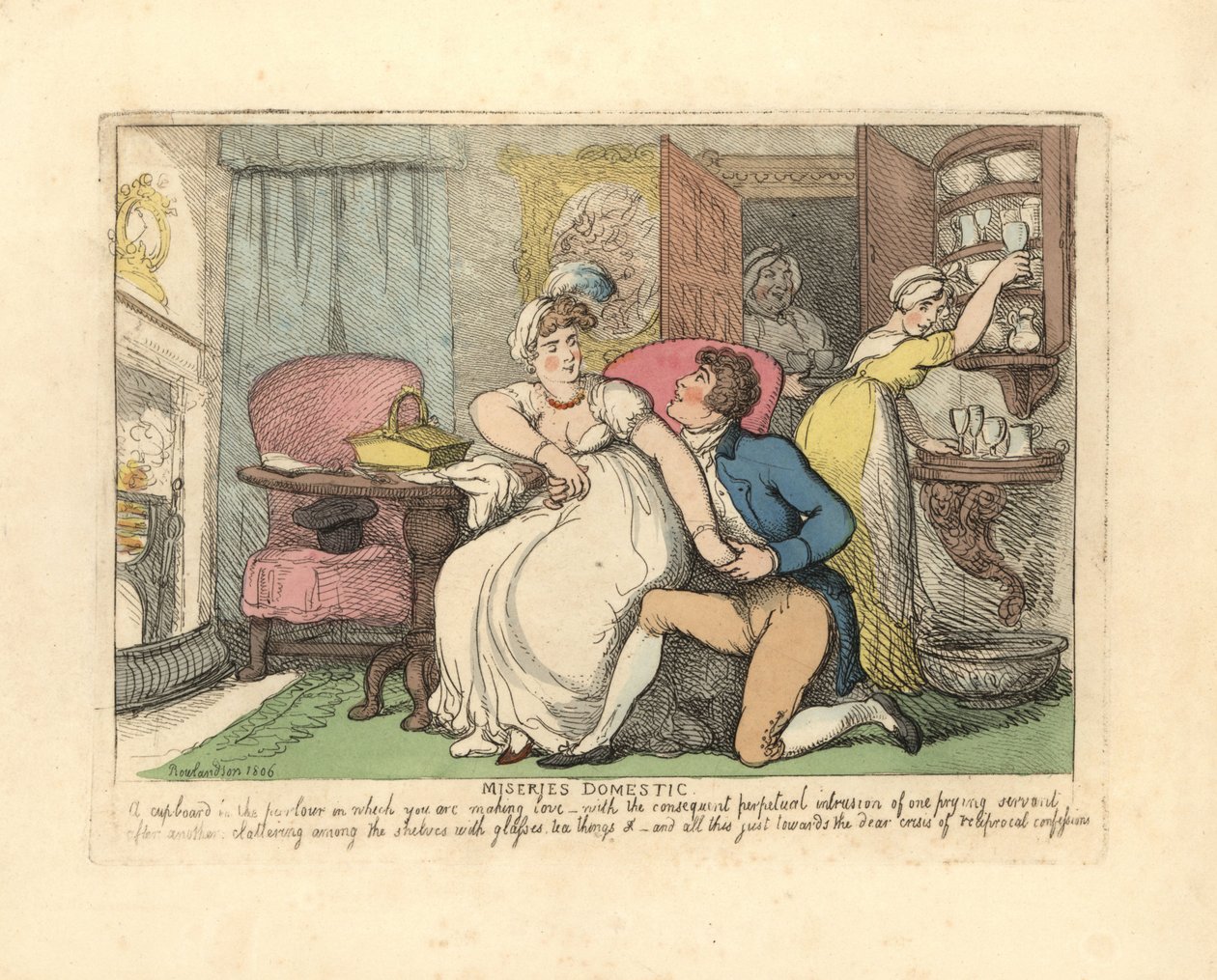 Két szerető egy szalonban, akiket a kíváncsiskodó szobalányok zavartak meg. alkotó: Thomas Rowlandson