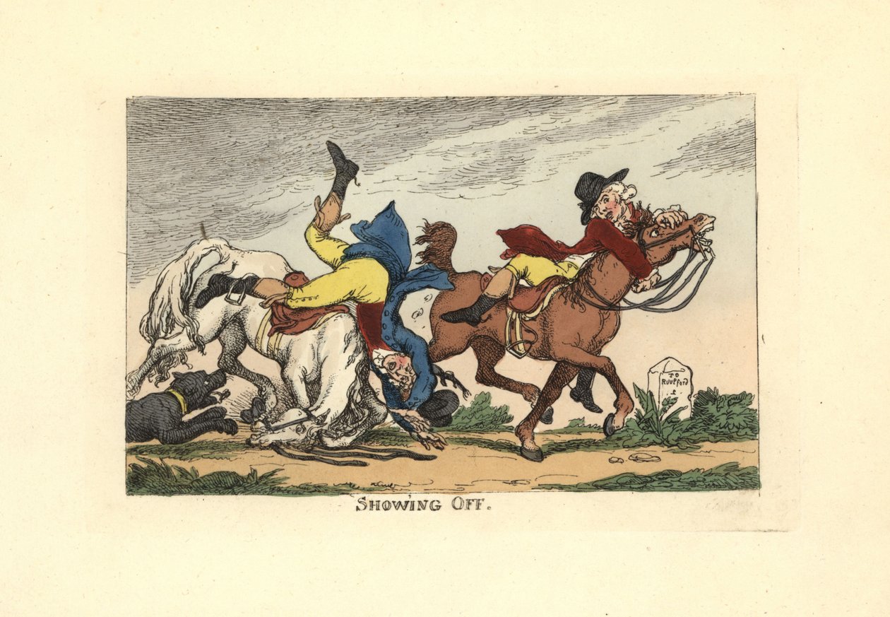 Két férfi leesett a lováról, miután megmutatták magukat. Dicsekvés. alkotó: Thomas Rowlandson