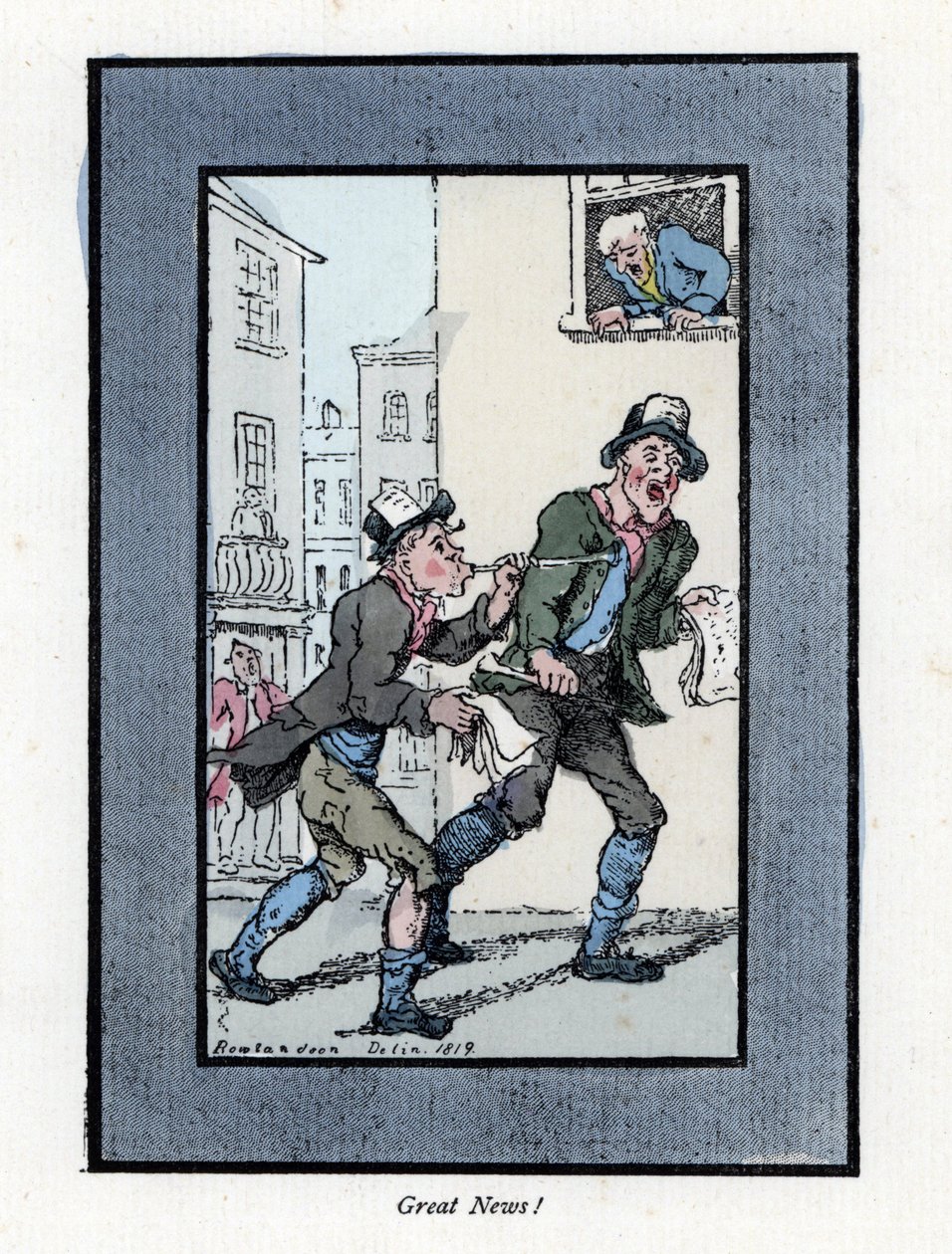 Két újságárus hosszú síppal újságokat árul egy londoni utcában. Thomas Rowlandson (1756-1827) festménye alapján készült fametszet, amely a londoni válságban jelent meg: hat bájos gyerekkel és közel 40 illusztrációval, Andrew Tuertől, alkotó: Thomas Rowlandson