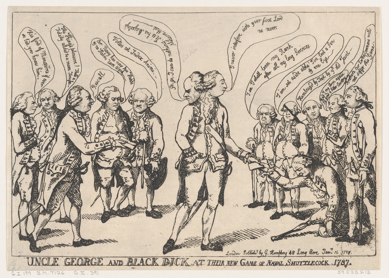 George bácsi és Black Dick a New Game of Naval Shuttlecock-on, 1787. január 11-én.... alkotó: Thomas Rowlandson
