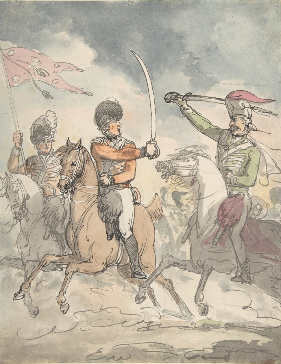 Felhasználatlan tanulmány tányérhoz a magyar és felvidéki széleskard gyakorlathoz 1799. február 12., 1799 kb. alkotó: Thomas Rowlandson.