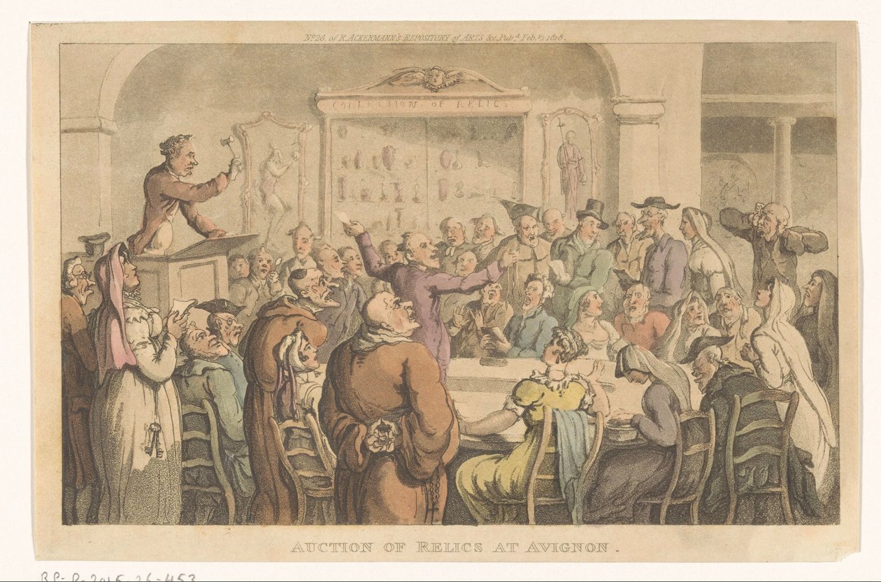 Relieken fátyol Avignonban Ereklyék árverése Avignonban (cím a tárgyon) alkotó: Thomas Rowlandson