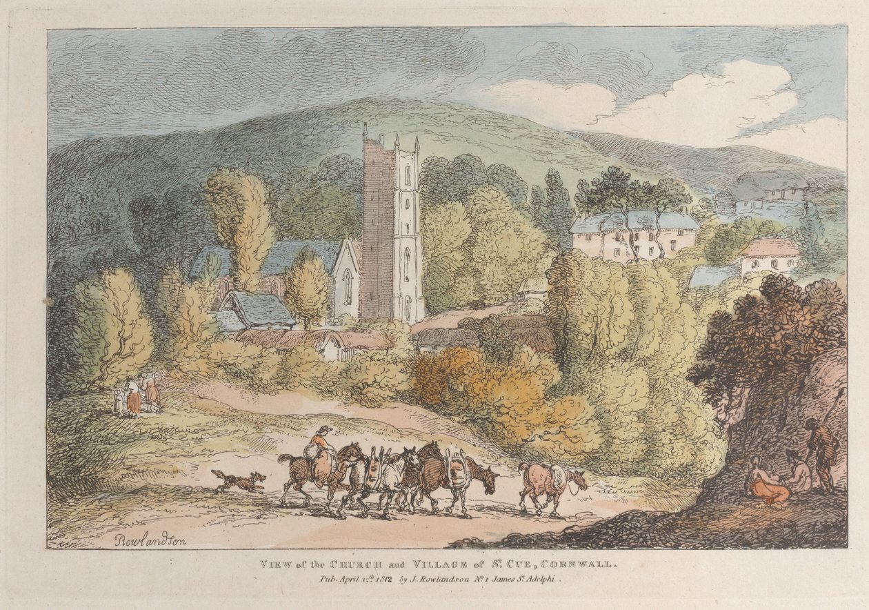 Kilátás a St. Cue-i templomra és falura, Cornwall alkotó: Thomas Rowlandson