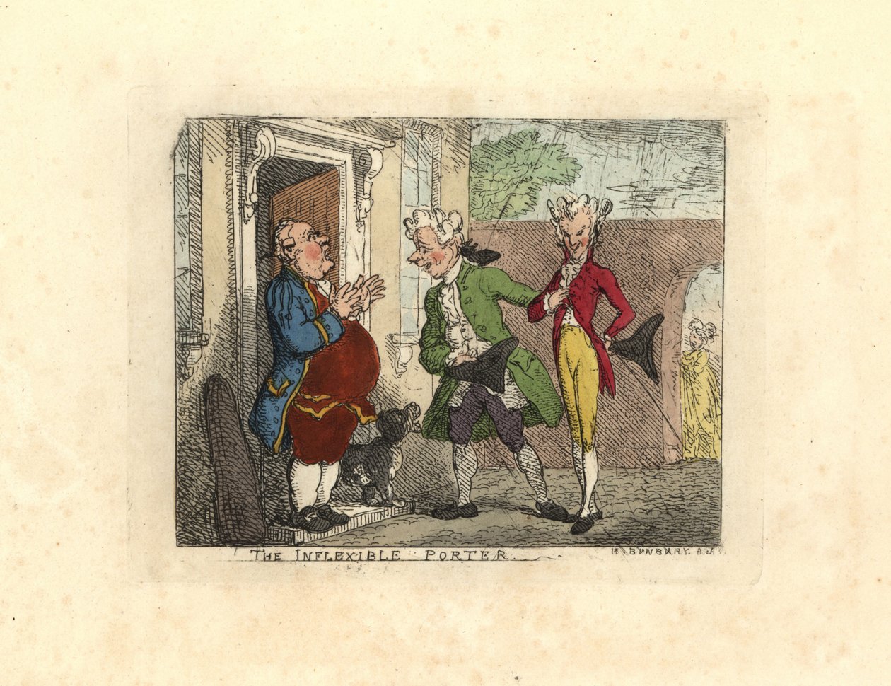 A látogató urak megtagadták, hogy egy szolga belépjen egy házba. alkotó: Thomas Rowlandson