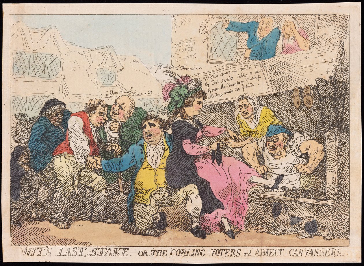 Wits Last Stake, vagy The Cobling Voters and Abject Canvassers, pub. (kézzel színezett gravírozás) alkotó: Thomas Rowlandson