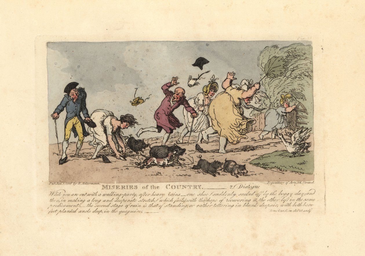 Nő, aki felborulni készül, cipője beleakadt a sárba. alkotó: Thomas Rowlandson