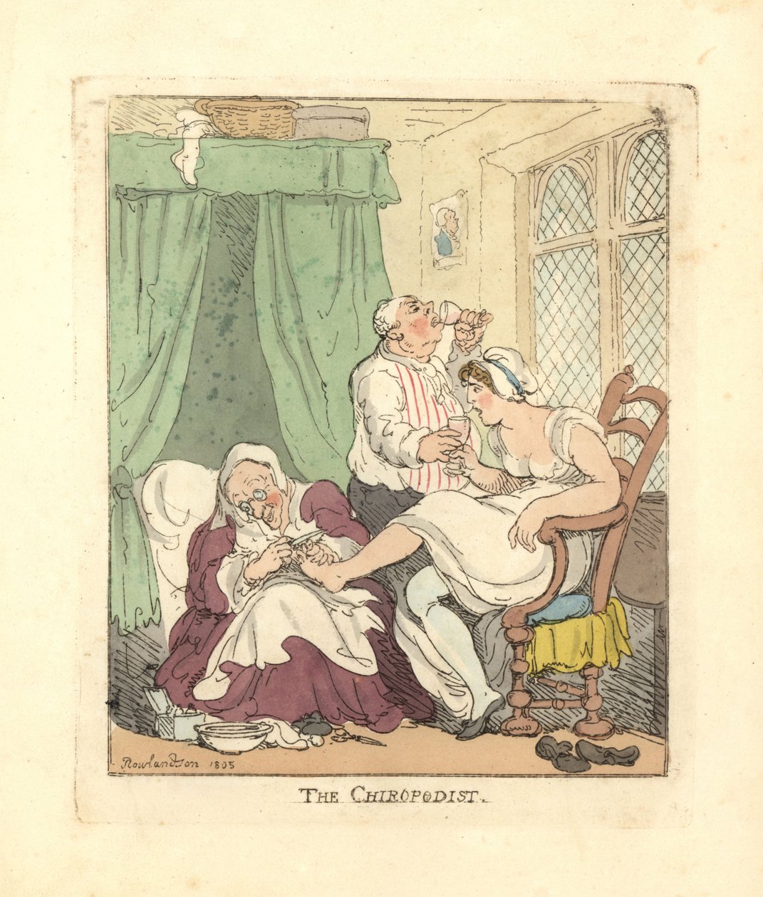 Egy nő, akinek a lábát fájdalmasan kezeli egy csontkovács. alkotó: Thomas Rowlandson