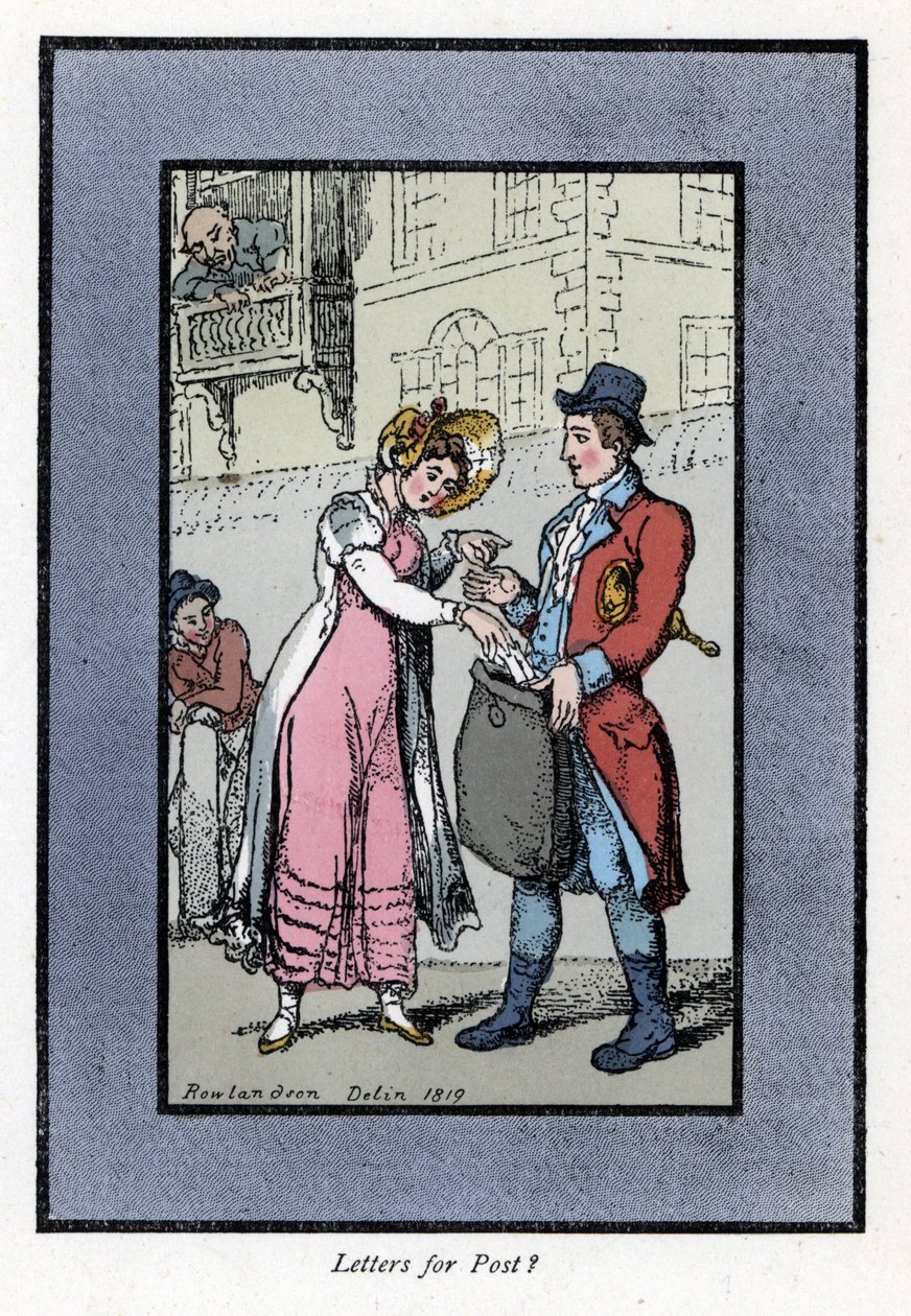 Nő fizet, és levelet tesz egy táskába, amelyet a brit királyi posta egyik alkalmazottja vitt. Fametszet Thomas Rowlandson (1756-1827) festménye alapján, a londoni válságban megjelent: hat bájos gyerekkel és közel 40 illusztrációval, An. alkotó: Thomas Rowlandson