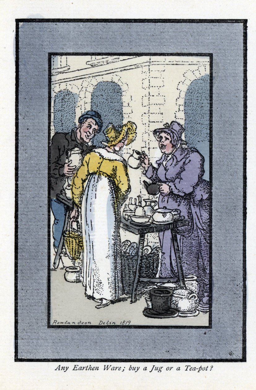 Kancsót, teáskannát és tálat árusító nőnek van egy utcasarka. Egy elegáns fiatal nő nézi az árut. Thomas Rowlandson (1756-1827) festménye alapján készült fametszet, amely a londoni válságban jelent meg: hat bájos gyerekkel és közel 40 illuszttal alkotó: Thomas Rowlandson