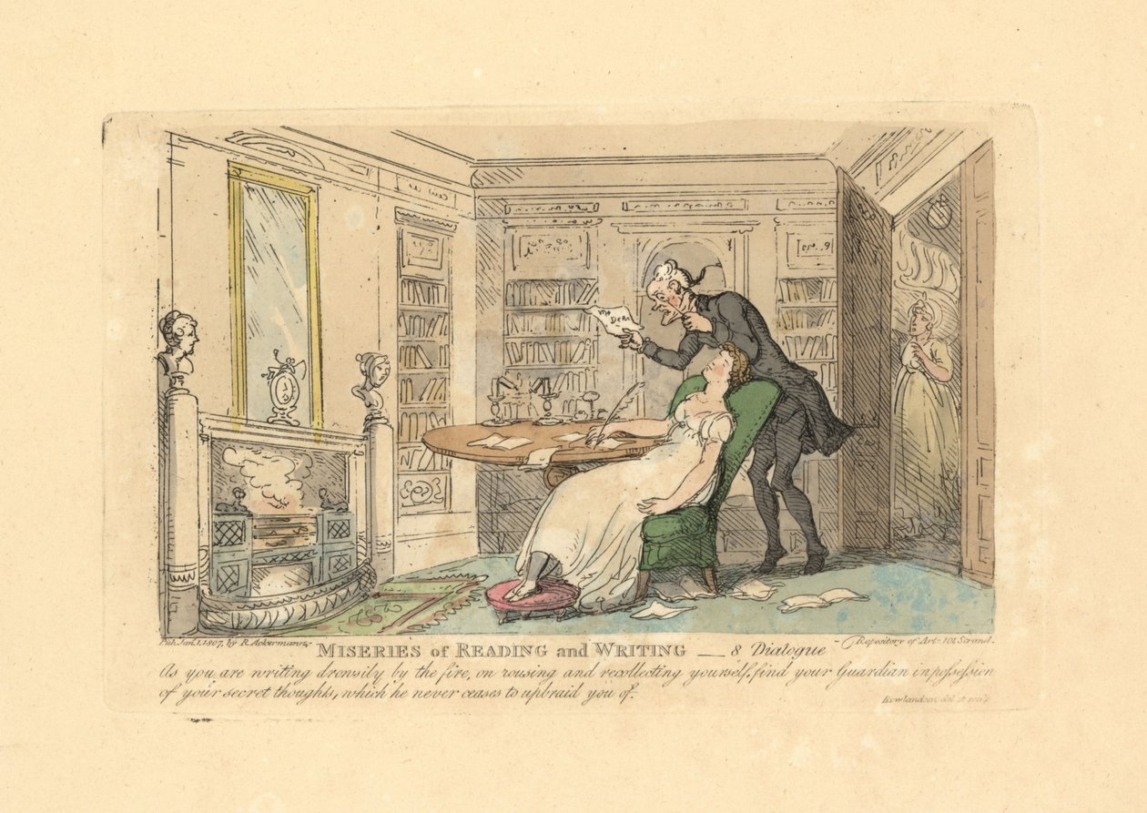 Nő alszik az íróasztalnál, miközben egy férfi olvassa a titkos gondolatait. alkotó: Thomas Rowlandson