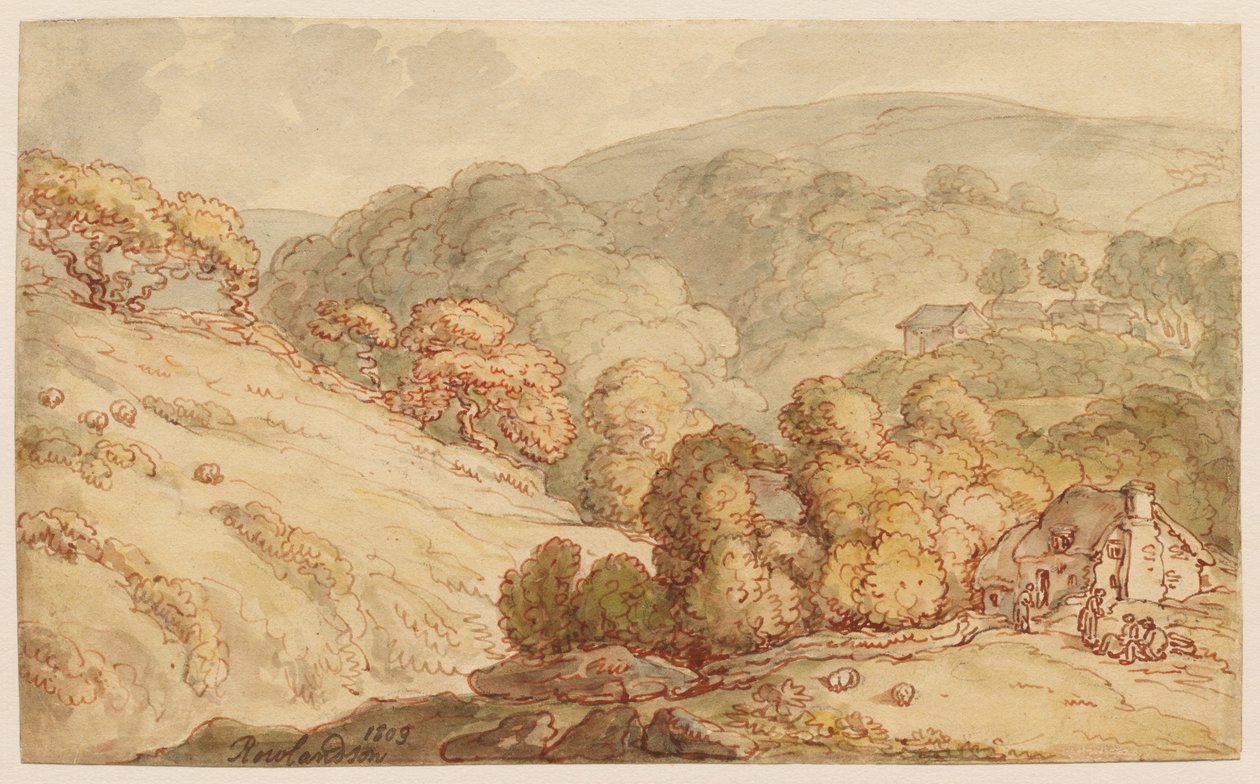 Erdős dombvidéki táj házzal és alakokkal alkotó: Thomas Rowlandson