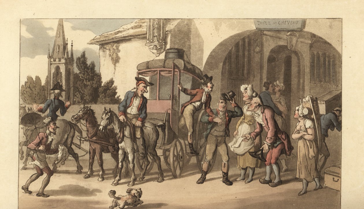 Fiatal angol úriember érkezik egy francia postára alkotó: Thomas Rowlandson