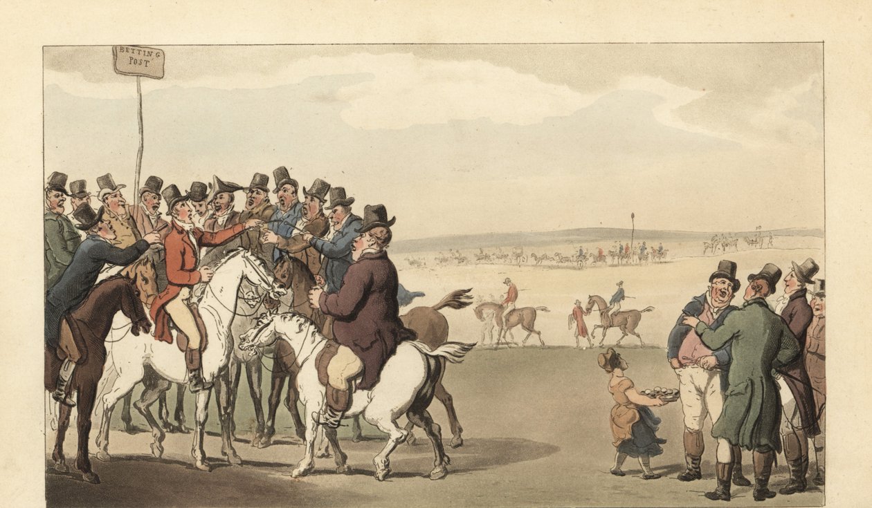 Fiatal angol úriember szerencsejáték a Newmarket versenypályán alkotó: Thomas Rowlandson