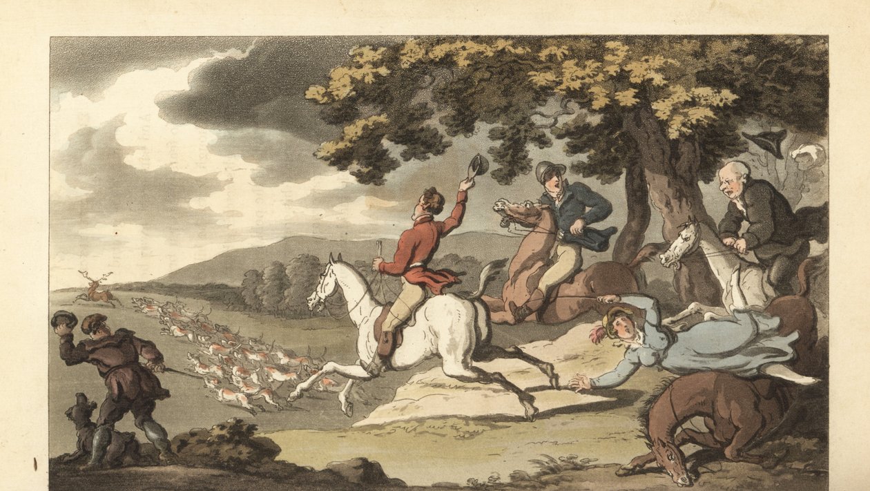 Fiatal angol úriember, aki vadászkutyákkal lovagol szarvasvadászatban alkotó: Thomas Rowlandson