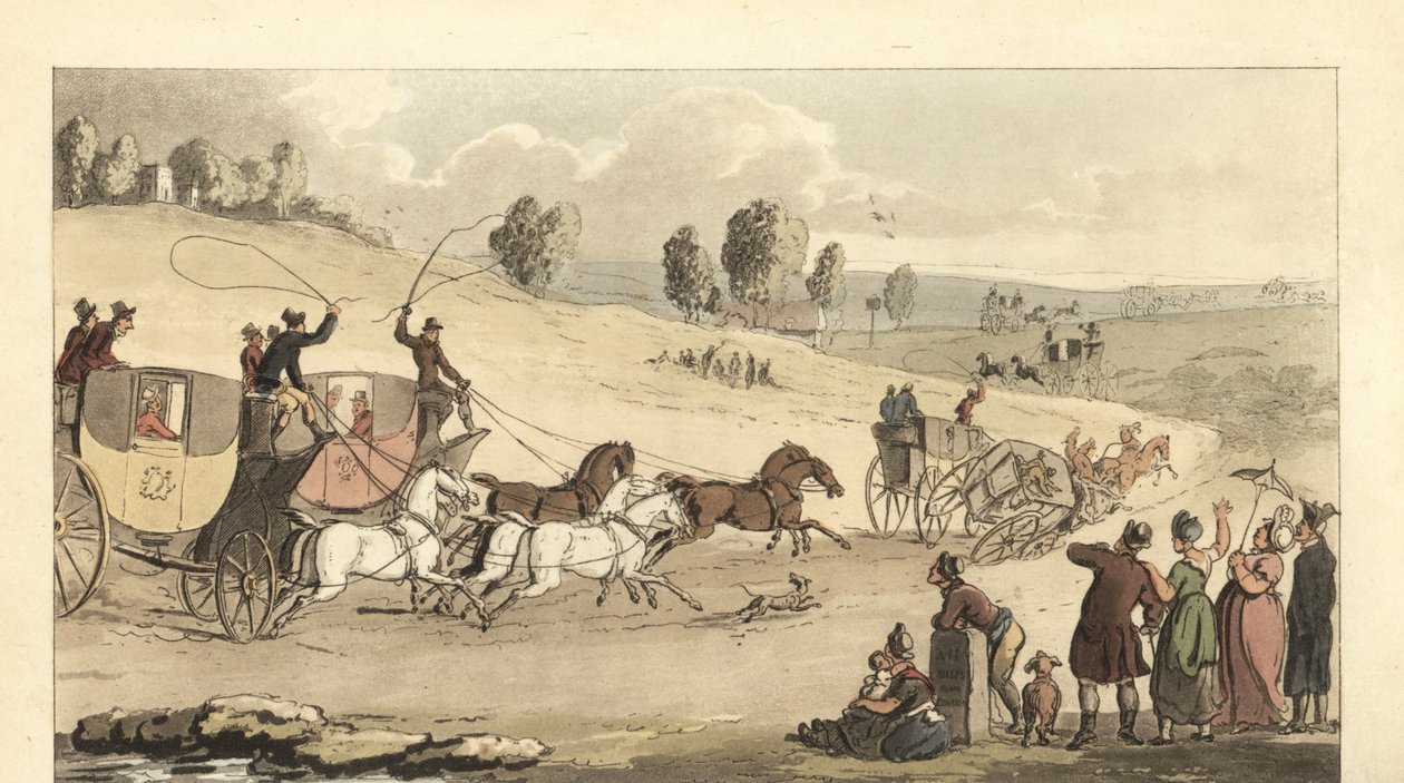 Fiatal angol urak négylovas kocsikkal versenyeznek egy úton alkotó: Thomas Rowlandson