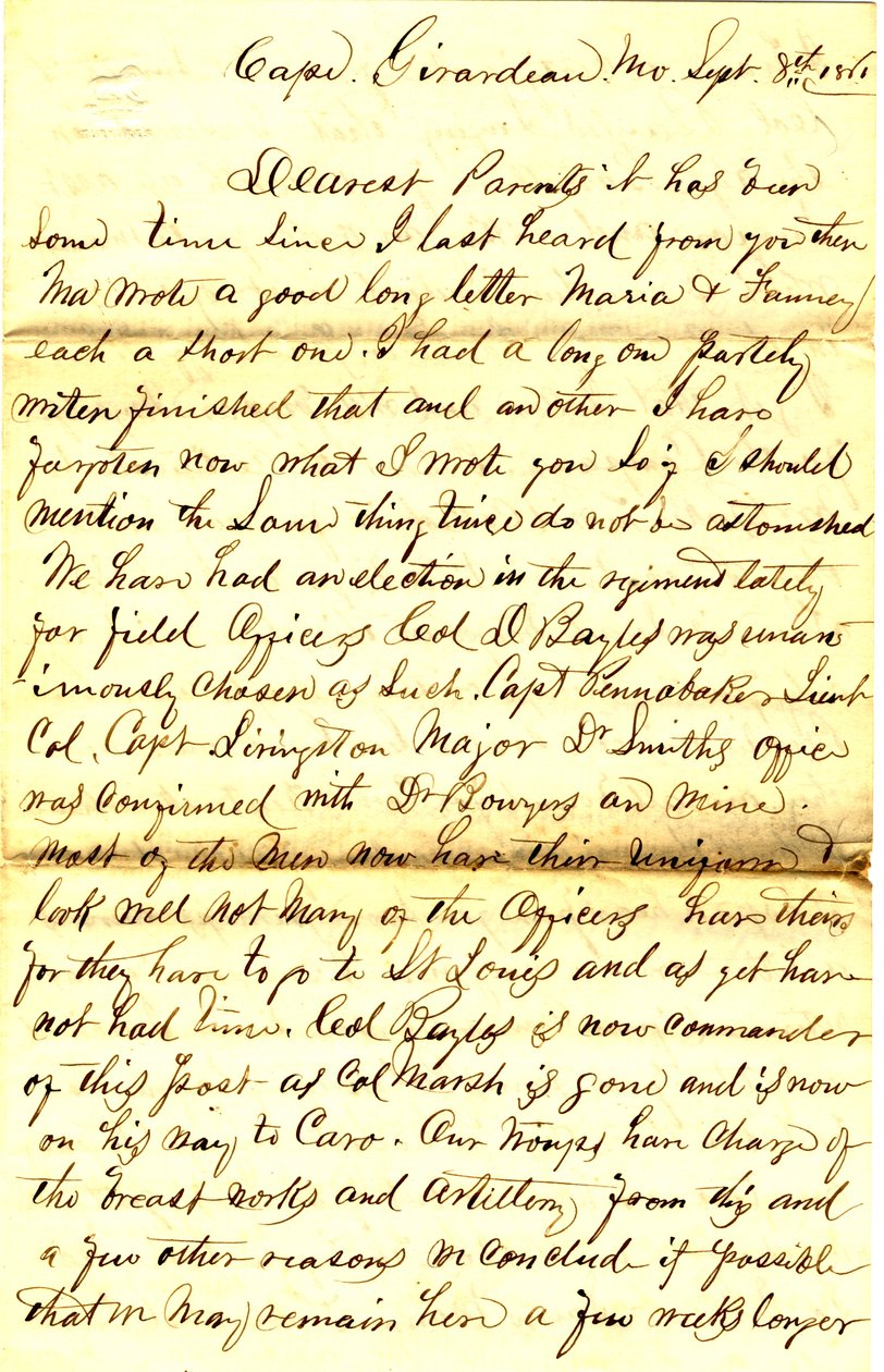 Levél aláírva T.S. Hawley, Cape Girardeau, Missouri, szülőknek, 1861. szeptember 8 alkotó: Thomas S. Hawley