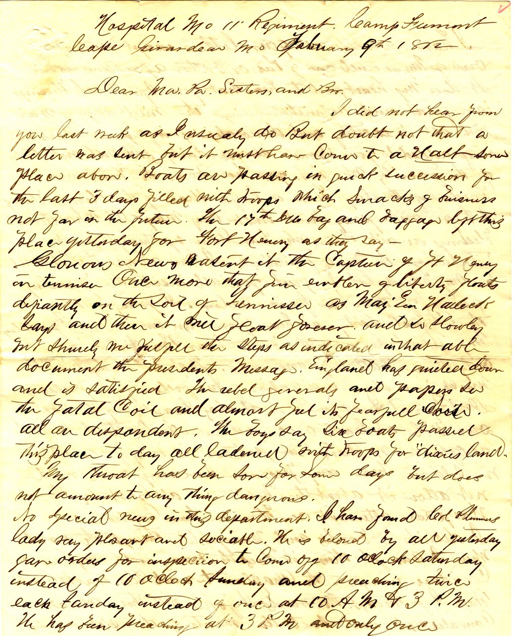 Levél aláírva T.S. Hawley, Kórház 11. Missouri Gyalogsága, Camp Fremont, Girardeau -fok, a családnak, 1862. február 9. alkotó: Thomas S. Hawley