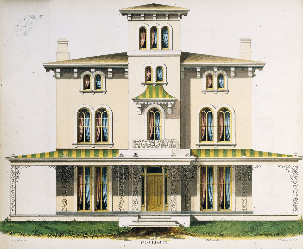 Az 1-es villa elülső magassága, az "Építészeti tervek modellvidéki rezidenciákhoz" alkotó: Thomas S. Sinclair