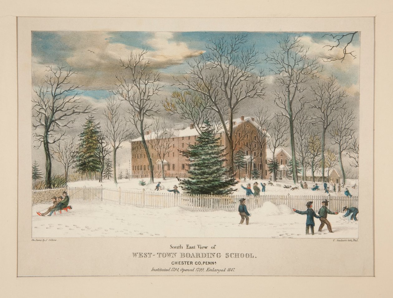 West-Town bentlakásos iskola (délkeleti nézet), Chester Co., Pa. alkotó: Thomas S. Sinclair