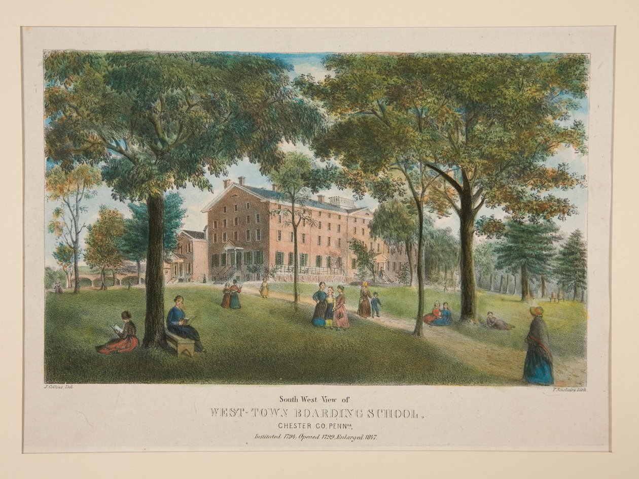 West-Town bentlakásos iskola (délnyugati nézet), Chester County, Penn. alkotó: Thomas S. Sinclair