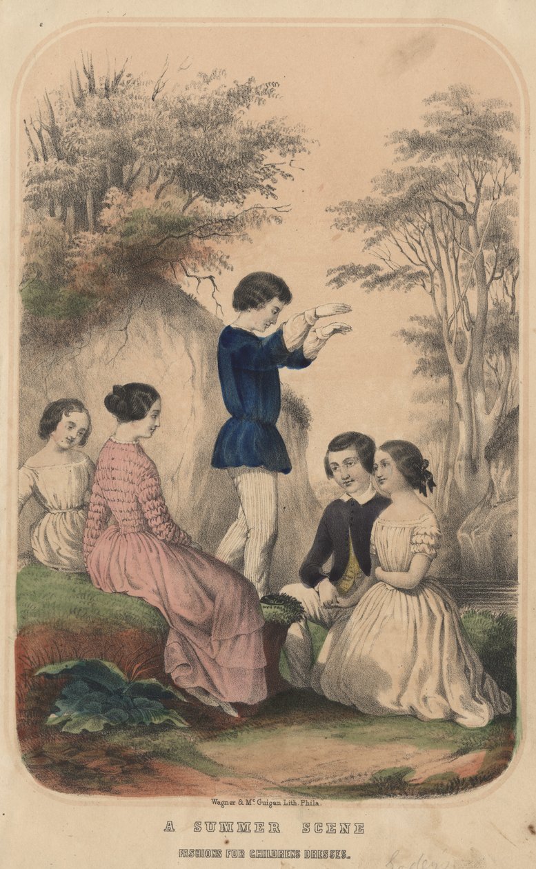 Nyári jelenet, Divatok gyermekruhákhoz, Wagner und McGuigan litója, 1850 alkotó: Thomas S. Wagner